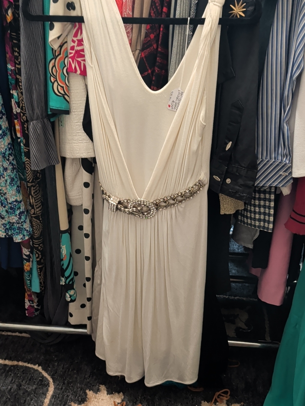 Off-White Backless Ivory Sleeveless Dress with Jeweled Belt - Picture 1 of 2